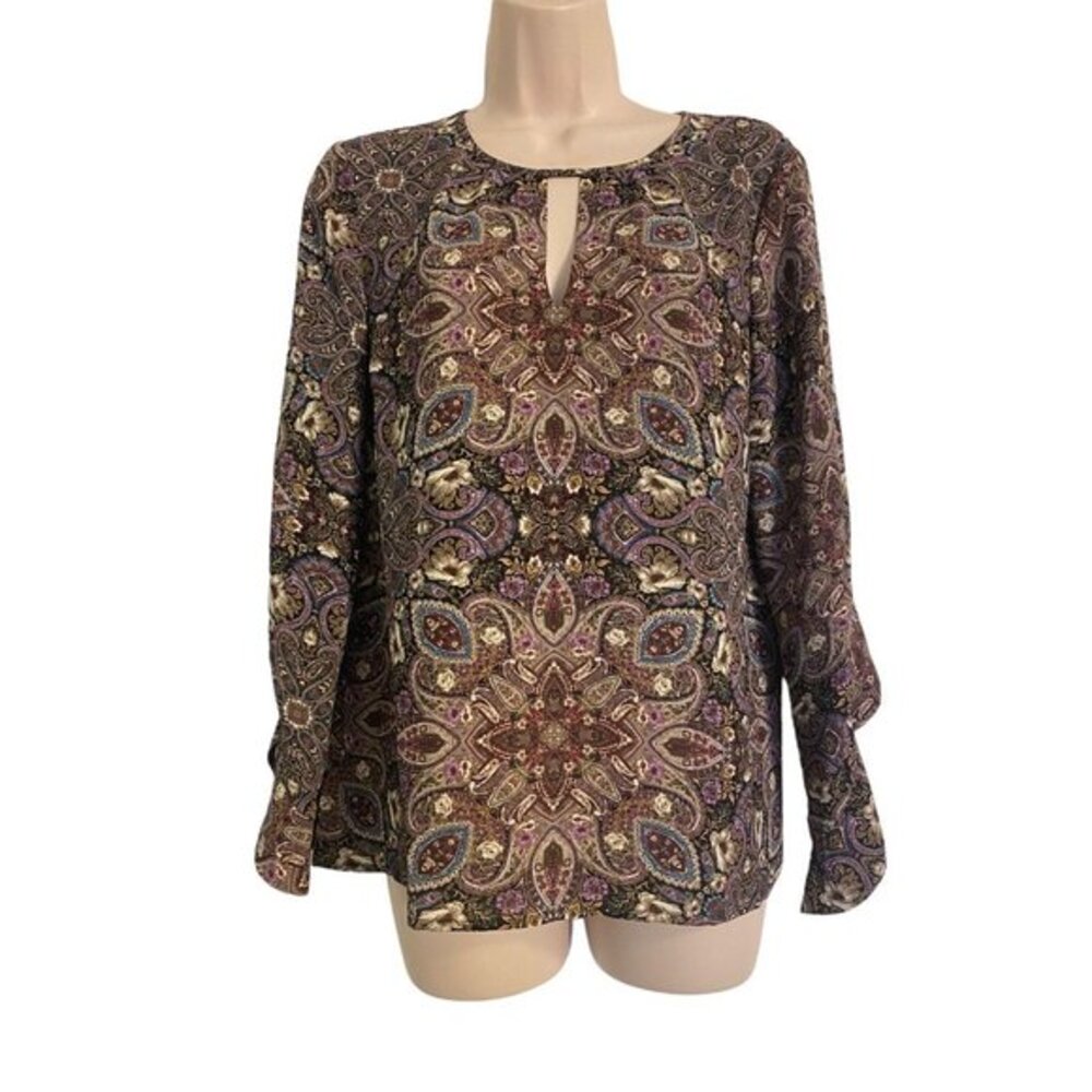 J Jill Blouse Womens SP Long Slit Sleeve Pullover Black Medallion V-Neck Small P